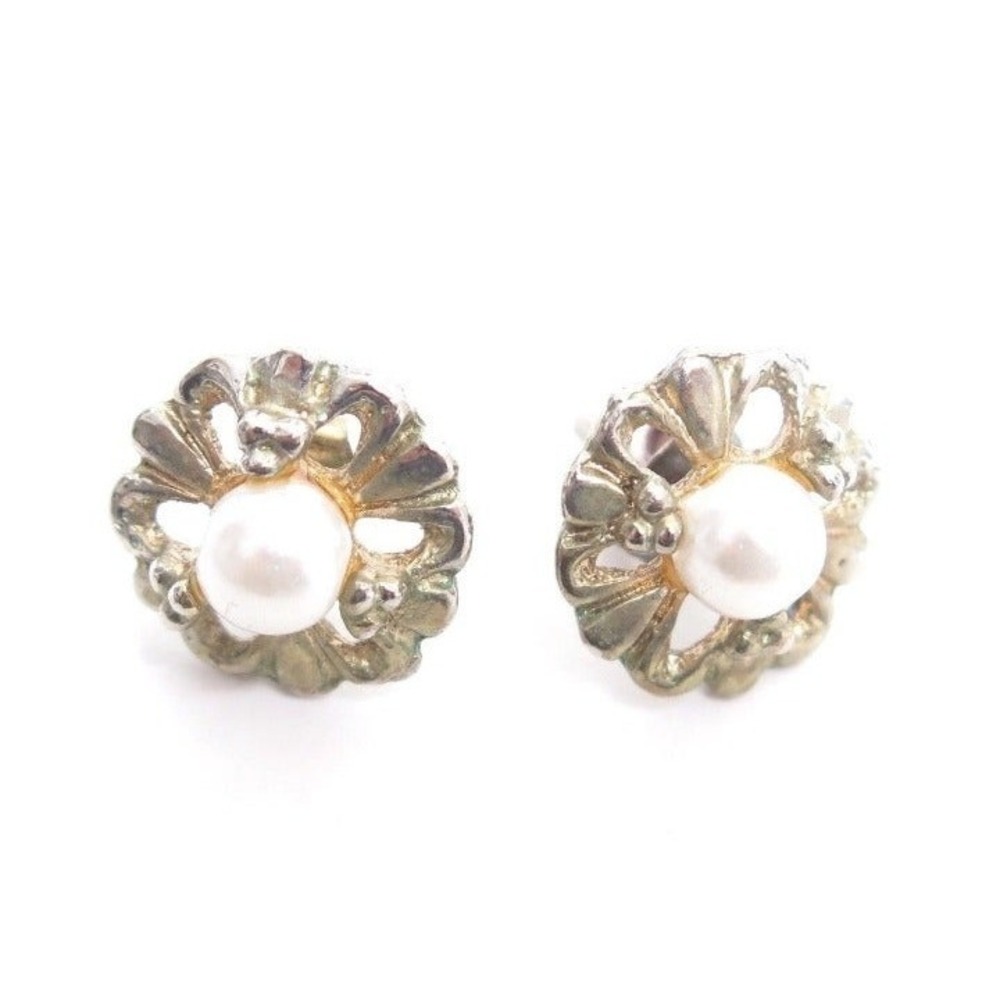 Vintage Ornate Silver‎ Toned Faux Pearl Earrings